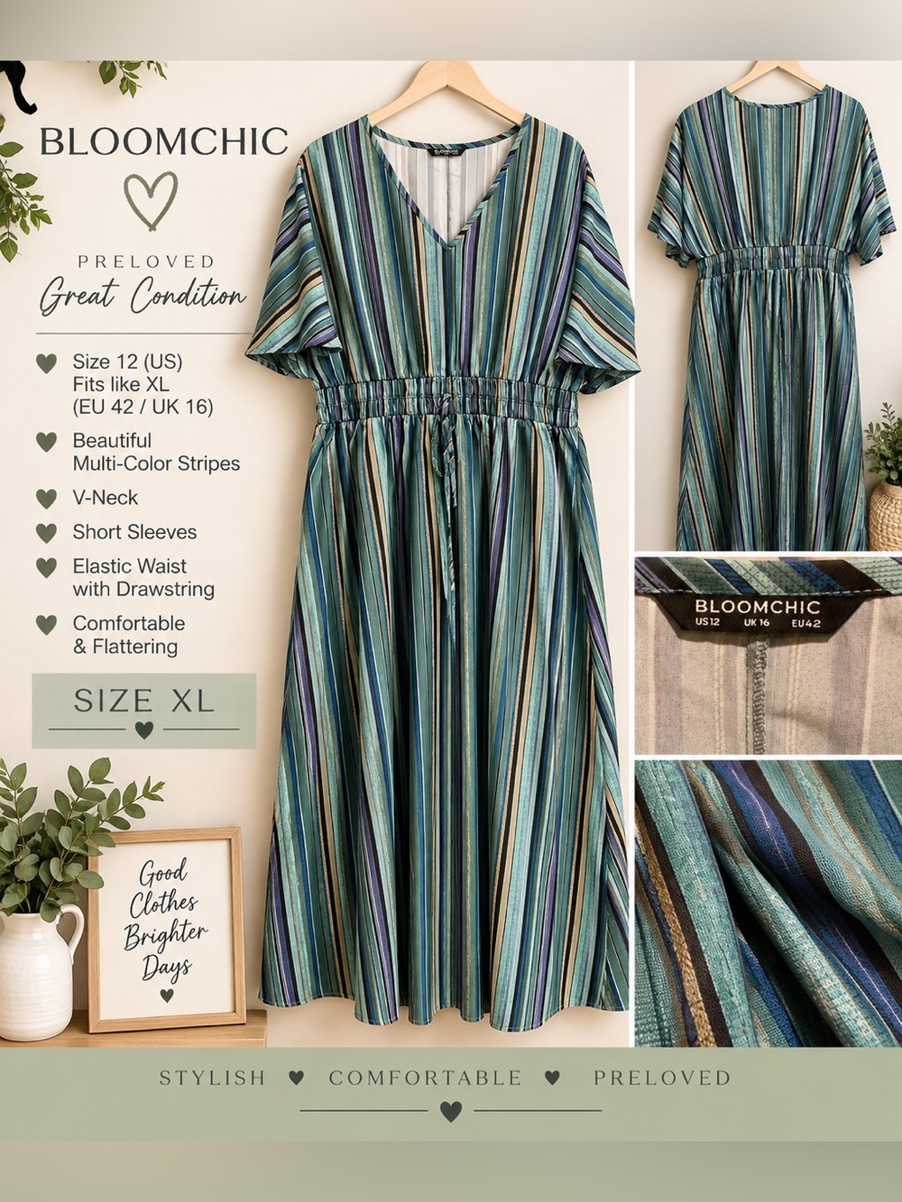 BloomChic Striped V-Neck Midi Dress in Teal, Blue, Purple